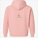 Moletom com estampa frontal de elementos religiosos incluindo um ostensório, coroa de espinhos, cruz e Nossa Senhora, e estampa traseira de logotipo com coroa.