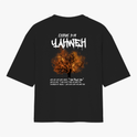 Camiseta com estampa frontal de texto estilizado "Vigia" e estampa traseira de árvore em chamas com inscrições "Exodus 3:14 Yahweh" e texto explicativo.