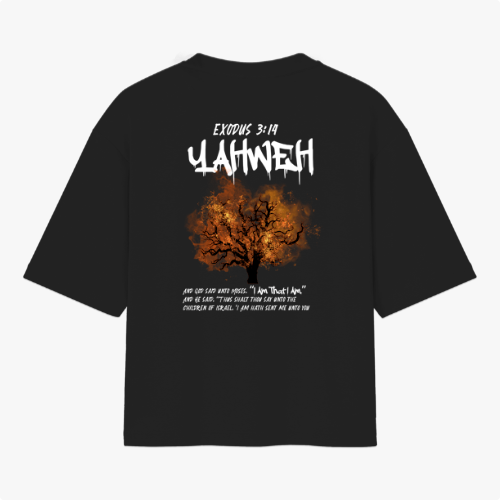 Camiseta com estampa frontal de texto estilizado "Vigia" e estampa traseira de árvore em chamas com inscrições "Exodus 3:14 Yahweh" e texto explicativo.