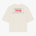 Camiseta com estampa traseira de texto "VOID" e "infinity" em destaque, acompanhado por "GAME ORGANIZATION", evidenciando tema de games.