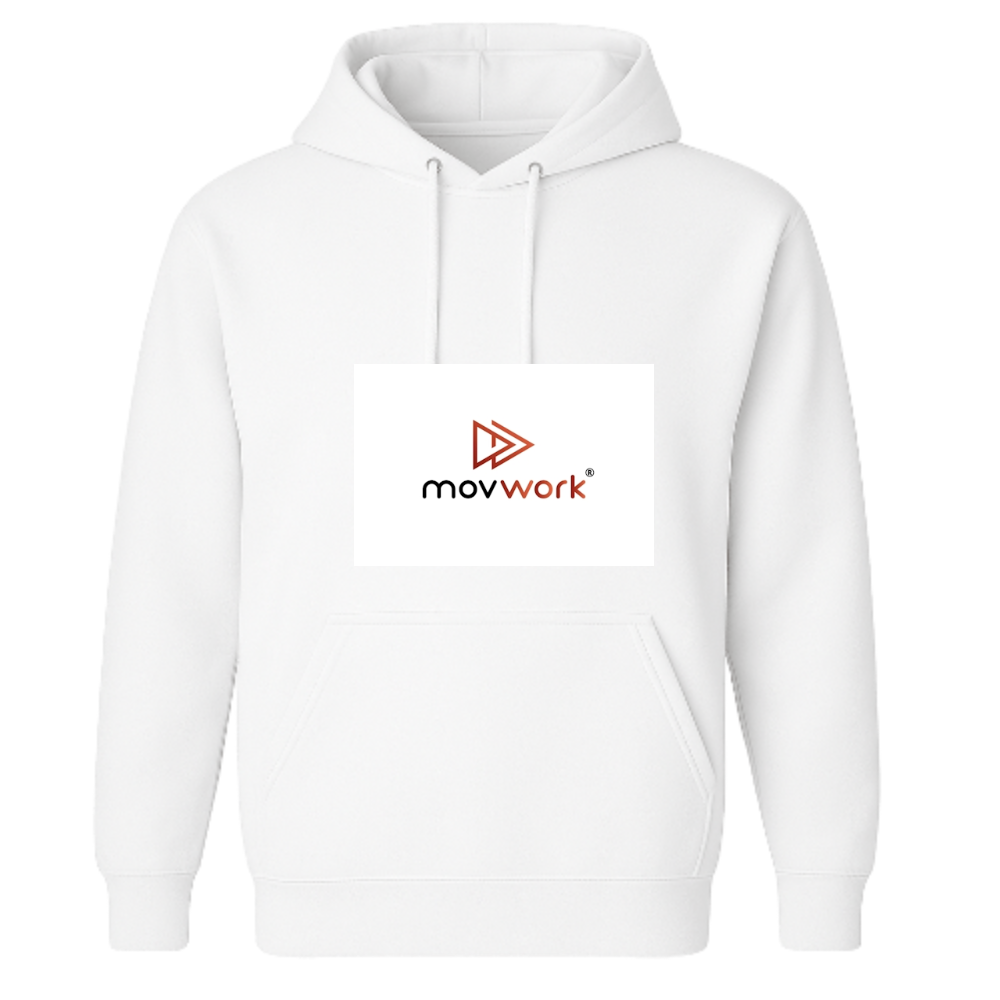 Moletom com estampa frontal de logotipo estilizado com setas e texto "movwork" e estampa traseira idêntica ao logotipo frontal.