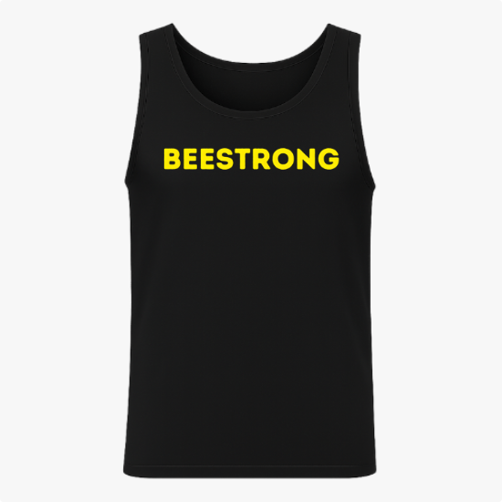 Regata com estampa frontal de "BEESTRONG" em escrita marcante e estampa traseira de abelha musculosa levantando halteres, ilustrando força e determinação.