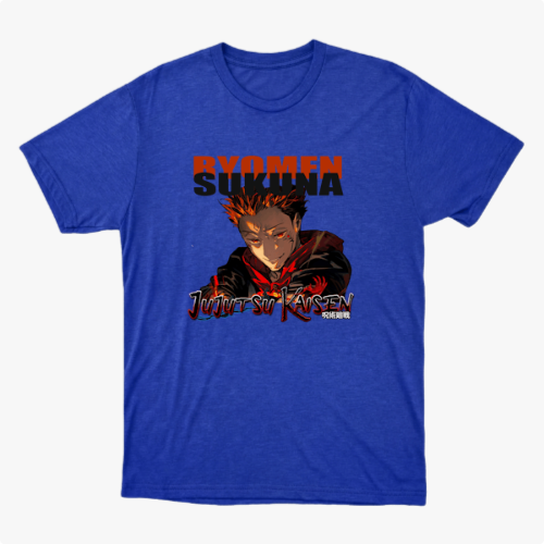 Camiseta com estampa frontal de personagem de anime com expressão intensa abaixo de texto grande e estilizado, incluindo título e caracteres japoneses.