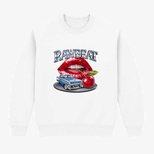 Moletom com estampa frontal de lábios vermelhos brilhantes, carro clássico azul, maçã vermelha com folha e texto "RAWBEAT" estilizado acima.