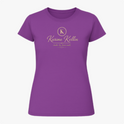 Camiseta com estampa frontal de um logotipo circular com a letra "K" centralizada, seguido do nome estilizado "Karime Kellin" e frase adicional.