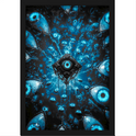 Quadro com estampa de diversos olhos em um fundo abstrato, destacando um cubo central com um olho no meio, criando um efeito visual enigmático e hipnotizante.