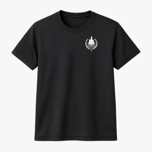Camiseta com estampa frontal de águia estilizada em um emblema circular com raios e folhas e estampa traseira expandida com detalhes gráficos adicionais.