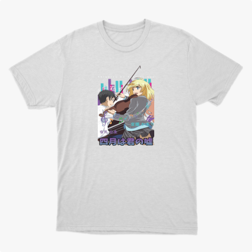 Camiseta com estampa frontal de dois personagens estilo anime, um rapaz e uma moça, acompanhados de instrumentos musicais e elementos urbanos ao fundo.