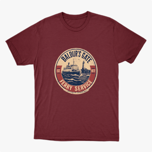 Camiseta com estampa frontal de um emblema circular apresentando um ferry estilizado, com inscrições que indicam "Baldur's Gate Ferry Service" e datas.