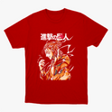 Camiseta com estampa frontal de personagem de cabelo preso e traje volumoso, rodeado por padrões dinâmicos e caracteres estilizados ao lado.