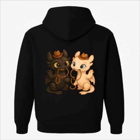 Moletom com estampa frontal de dois dragões estilo cartoon com chapéus de cowboy pequenos e estampa traseira ampliada dos mesmos dragões.