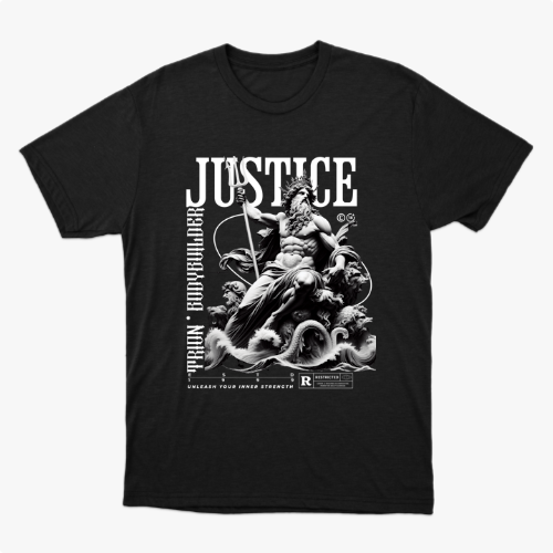 Camiseta com estampa frontal de deidade mitológica segurando um tridente sobre ondas, acompanhada das palavras "Justice", "Train Bodybuilder" e outros textos decorativos.