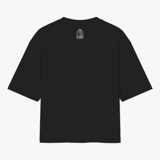 Camiseta com estampa frontal de figuras alienígenas e humanoides interagindo, acompanhadas de um texto estilizado; e estampa traseira de uma gaiola minimalista.