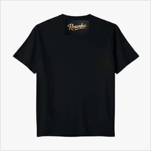 Camiseta com estampa frontal de emblema "10 Resenha", apresentando elementos circulares e estrelas, e estampa traseira de logotipo com a palavra "Resenha".