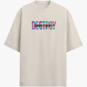 Camiseta com estampa frontal de letras estilizadas multicoloridas formando a palavra "DESTROY" e estampa traseira de um design gráfico abstrato com as letras "D!".