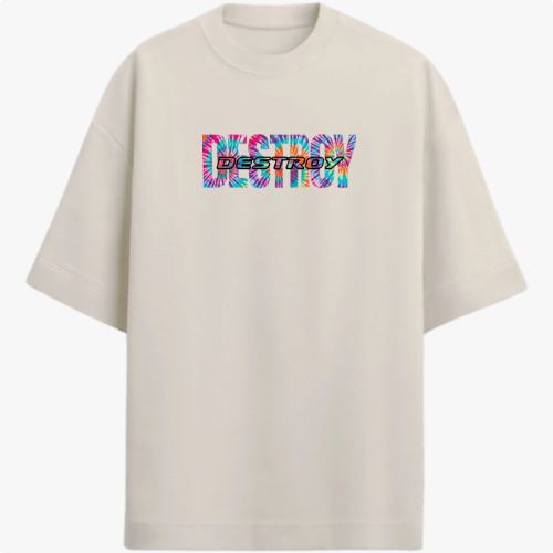 Camiseta com estampa frontal de letras estilizadas multicoloridas formando a palavra "DESTROY" e estampa traseira de um design gráfico abstrato com as letras "D!".