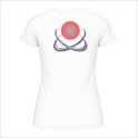 Camiseta com estampa frontal de logo estilizado com elemento circular e detalhes pontiagudos e estampa traseira de esfera central e orbitais entrelaçados.
