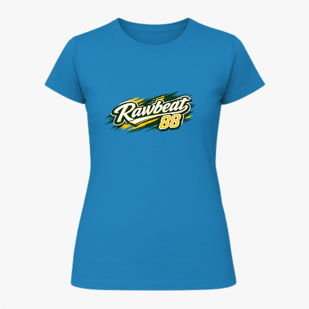 Camiseta com estampa frontal de "Rawbeat 88" em estilo esportivo dinâmico e estampa traseira de "Brasil 88" com mesmo estilo impactante.