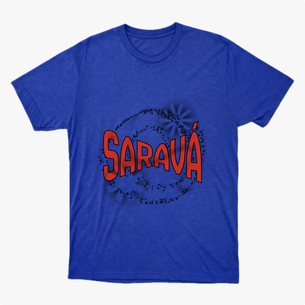 Camiseta com estampa frontal de texto em estilo pop art, com a palavra "Saravá" em destaque, rodeada por padrões circulares e efeitos pontilhados.