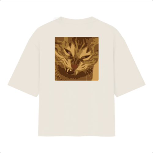 Camiseta com estampa frontal de texto minimalista "MORE COFFEE" e estampa traseira de um gato com expressão expressiva em um estilo artístico detalhado.