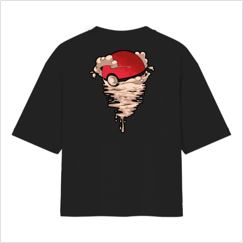 Camiseta com estampa frontal de quatro personagens em pose icônica com o texto "Starters" acima e estampa traseira de esfera estilizada sobre fumaça.