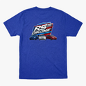 Camiseta com estampa frontal de "RS Challenge" estilizado e estampa traseira de "RS Challenge" maior com três carros em perspectiva detalhada.