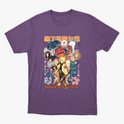 Camiseta com estampa frontal de personagens de anime em poses dinâmicas, rodeados por símbolos japoneses e detalhes florais, com texto em destaque.