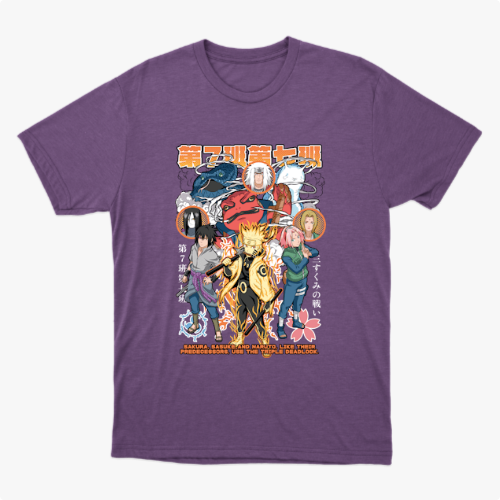 Camiseta com estampa frontal de personagens de anime em poses dinâmicas, rodeados por símbolos japoneses e detalhes florais, com texto em destaque.