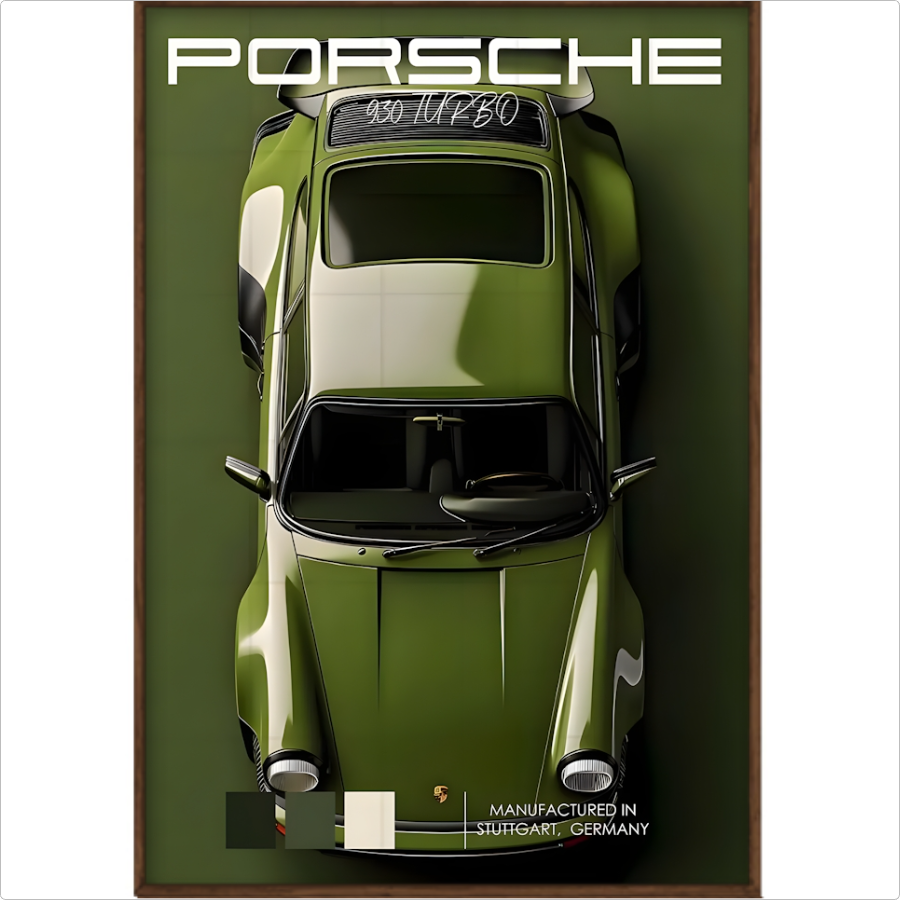 Quadro com estampa frontal de carro esportivo visto de cima, acompanhado pelo texto "Porsche 930 Turbo" no topo e "Manufactured in Stuttgart, Germany" na base.