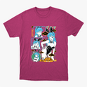 Camiseta com estampa frontal de personagem em estilo quadrinhos, mostrando várias expressões e poses, com elementos gráficos ao redor.