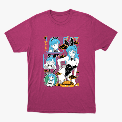 Camiseta com estampa frontal de personagem em estilo quadrinhos, mostrando várias expressões e poses, com elementos gráficos ao redor.