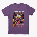 Camiseta com estampa frontal de um grupo de personagens em pose destemida, cercados por figuras sombrias e texto em estilo japonês na parte superior e inferior.
