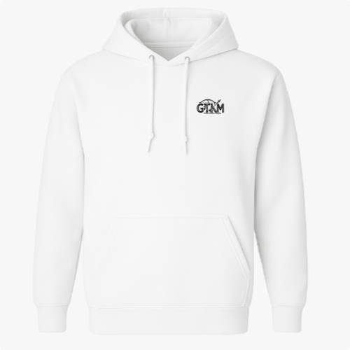 Moletom com estampa frontal de texto estilizado "GRK" com um arco e flecha e estampa traseira de "TKM" acompanhada de um ramo de folhas e flecha.