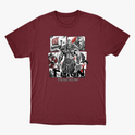 Camiseta com estampa frontal de guerreiro musculoso em quadrantes, com navio, homem barbudo, escudo e machado ao fundo, com texto inferior "Thron Bodybuilder".
