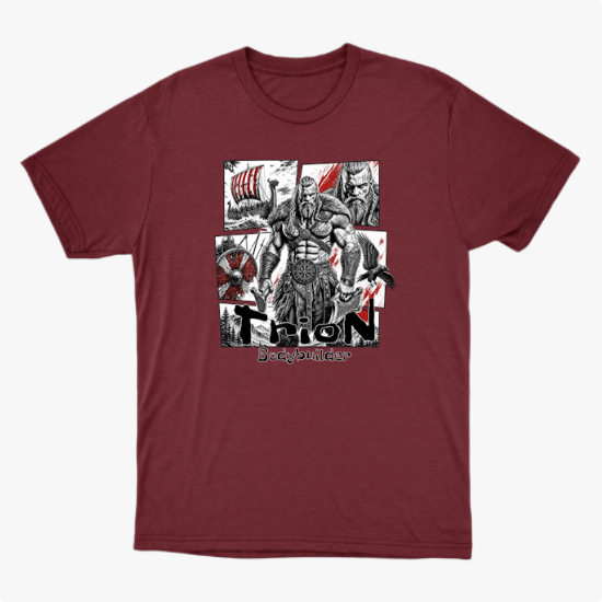 Camiseta com estampa frontal de guerreiro musculoso em quadrantes, com navio, homem barbudo, escudo e machado ao fundo, com texto inferior "Thron Bodybuilder".
