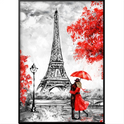 Quadro com estampa de casal abraçado sob guarda-chuva, próximo à Torre Eiffel, em cenário urbano com árvores em destaque ao redor.