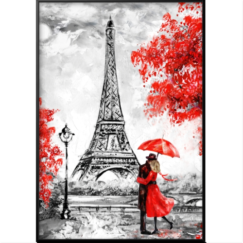 Quadro com estampa de casal abraçado sob guarda-chuva, próximo à Torre Eiffel, em cenário urbano com árvores em destaque ao redor.