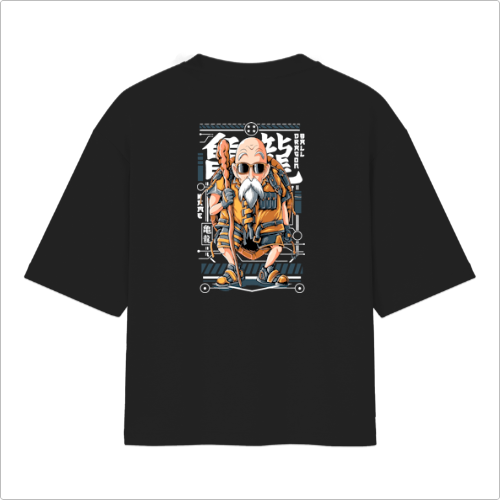Camiseta com estampa frontal de papagaio estilizado e estampa traseira de personagem idoso de anime sentado em prancha com bastão e cabelo longo.