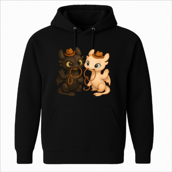 Moletom com estampa frontal de dois dragões caricatos usando chapéus de cowboy, interagindo de forma amigável enquanto seguram uma corda entre as patas.