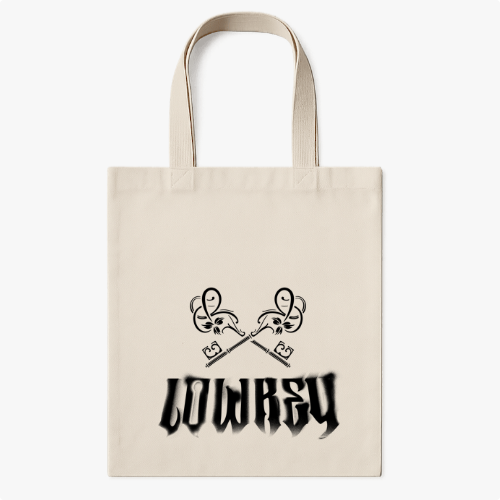 Ecobag com estampa frontal de duas pistolas cruzadas e detalhe de notas musicais acima da palavra "LOWREY" em fonte estilizada sombreada.