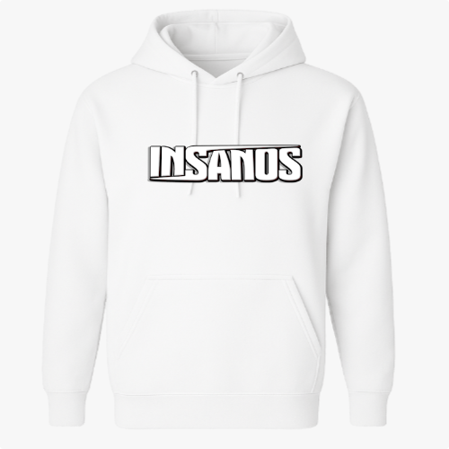 Moletom com estampa frontal de texto estilizado em negrito com a palavra "INSANOS" centralizada e sublinhada por duas linhas paralelas.
