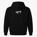 Moletom com estampa frontal de cruz minimalista e estampa traseira de graffiti estilizado em pequeno tamanho próximo à gola.