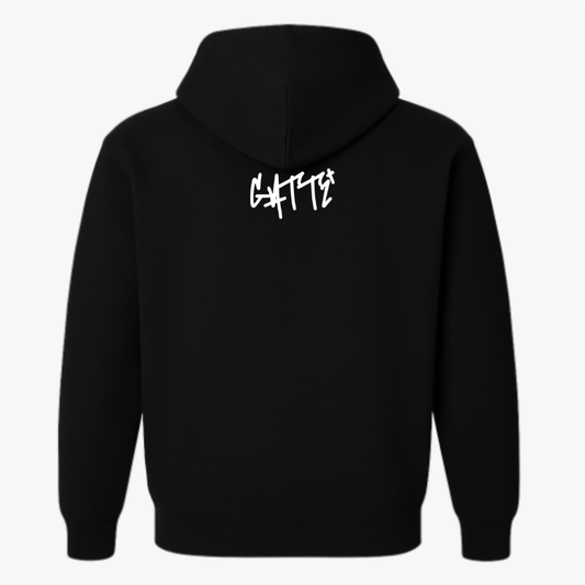 Moletom com estampa frontal de cruz minimalista e estampa traseira de graffiti estilizado em pequeno tamanho próximo à gola.