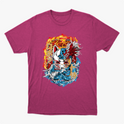 Camiseta com estampa frontal de máscara kitsune centralizada entre chamas e ondas, com kanjis japoneses e detalhes intricados de movimento e textura.