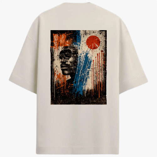 Camiseta com estampa traseira de rosto estilizado em preto e branco sobre fundo texturizado com linhas verticais coloridas e círculo vermelho.