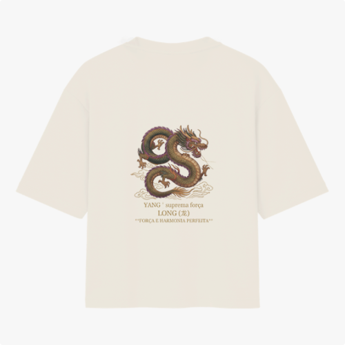 Camiseta com estampa frontal de dragão e fênix junto a texto estratégico, e estampa traseira de dragão detalhado sobre nuvens com textos complementares.