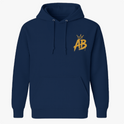 Moletom com estampa frontal de letras "AB" estilizadas com coroa e estampa traseira de personagem sorridente, vestido de preto, com cabelo trançado.