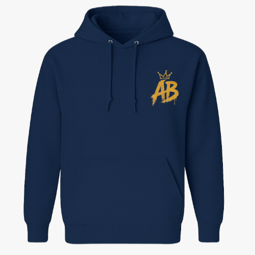 Moletom com estampa frontal de letras "AB" estilizadas com coroa e estampa traseira de personagem sorridente, vestido de preto, com cabelo trançado.