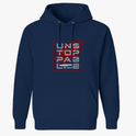 Moletom com estampa frontal de texto geométrico "UNSTOPPABLE" em estilo block, com detalhes riscados e fundo quadriculado, finalizando com "NO LIMITS".