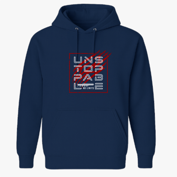 Moletom com estampa frontal de texto geométrico "UNSTOPPABLE" em estilo block, com detalhes riscados e fundo quadriculado, finalizando com "NO LIMITS".